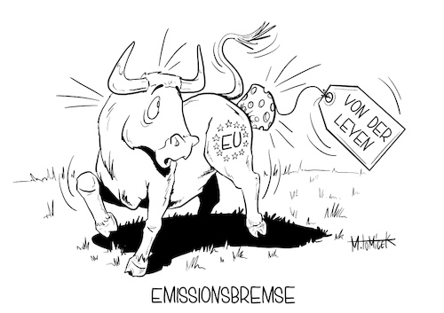 Cartoon: Emissionsbremse (medium) by Mirco Tomicek tagged emission,emissionen,emissionswerte,klima,klimaziel,ursula,von,der,leyen,rede,europäische,union,eu,verschärfung,einsparen,co2,abgase,klimaneutral,klimaschutz,umweltschutz,europa,kommissionspräsidentin,stier,tiere,umweltverschmutzung,karikatur,cartoon,mirco,tomicek,emission,emissionen,emissionswerte,klima,klimaziel,ursula,von,der,leyen,rede,europäische,union,eu,verschärfung,einsparen,co2,abgase,klimaneutral,klimaschutz,umweltschutz,europa,kommissionspräsidentin,stier,tiere,umweltverschmutzung,karikatur,cartoon,mirco,tomicek