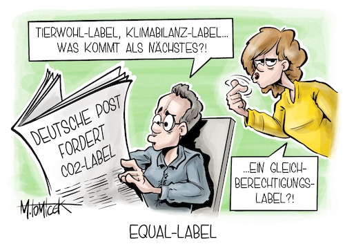 Cartoon: Equal-Label (medium) by Mirco Tomicek tagged deutsche,post,pakete,paket,kennzeichnung,co2,klima,bilanz,klimabilanz,label,klimalabel,klimaschutz,umweltschutz,verpackung,sendungen,dhl,paketversand,equal,pay,day,frauen,lohn,gleichberechtigung,gehalt,gehälter,verdienst,tierwohl,tiere,tierwohllabel,cartoon,karikatur,pressekarikatur,mirco,tomicek,deutsche,post,pakete,paket,kennzeichnung,co2,klima,bilanz,klimabilanz,label,klimalabel,klimaschutz,umweltschutz,verpackung,sendungen,dhl,paketversand,equal,pay,day,frauen,lohn,gleichberechtigung,gehalt,gehälter,verdienst,tierwohl,tiere,tierwohllabel,cartoon,karikatur,pressekarikatur,mirco,tomicek