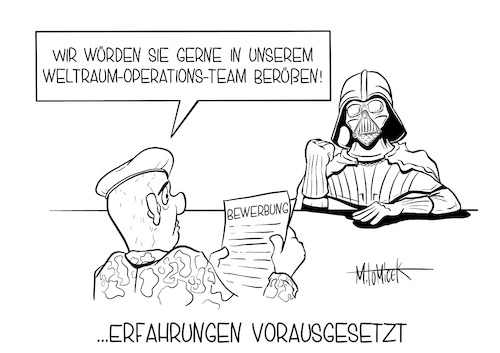 Cartoon: ...Erfahrungen vorrausgesetzt (medium) by Mirco Tomicek tagged weltraum,weltraumoperationszentrum,operationszentrum,sicherheit,air,and,space,operations,center,asoc,bundeswehr,militär,annegret,kramp,karrenbauer,luftwaffe,dienst,uedem,nrw,satelliten,störungen,satellit,weltraumschrott,schrott,weltall,umlaufbahn,asteroiden,fliegen,cartoon,karikatur,mirco,tomicek,weltraum,weltraumoperationszentrum,operationszentrum,sicherheit,air,and,space,operations,center,asoc,bundeswehr,militär,annegret,kramp,karrenbauer,luftwaffe,dienst,uedem,nrw,satelliten,störungen,satellit,weltraumschrott,schrott,weltall,umlaufbahn,asteroiden,fliegen,cartoon,karikatur,mirco,tomicek