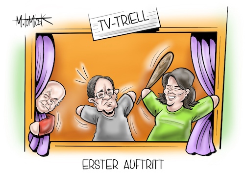 Cartoon: Erster Auftritt (medium) by Mirco Tomicek tagged triell,kanzlerkandidaten,kanzlerkandidat,kanzlerkandidatur,kandidaten,schlagabtausch,tv,fernsehduell,fernseh,fernsehen,duell,annalena,baerbock,die,grünen,armin,laschet,cdu,csu,union,olaf,scholz,spd,kanzler,kanzlerin,kanzleramt,kanzlerfrage,fragen,interview,bundestag,bundestagswahl,wahl,wahlen,puppentheater,cartoon,karikatur,pressekarikatur,mirco,tomicek,triell,kanzlerkandidaten,kanzlerkandidat,kanzlerkandidatur,kandidaten,schlagabtausch,tv,fernsehduell,fernseh,fernsehen,duell,annalena,baerbock,die,grünen,armin,laschet,cdu,csu,union,olaf,scholz,spd,kanzler,kanzlerin,kanzleramt,kanzlerfrage,fragen,interview,bundestag,bundestagswahl,wahl,wahlen,puppentheater,cartoon,karikatur,pressekarikatur,mirco,tomicek