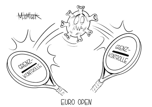 Cartoon: Euro Open (medium) by Mirco Tomicek tagged deutschland,grenze,grenzen,dicht,schließen,kontrolle,kontrolliert,mutation,mutiert,mutanten,österreich,tschechien,grenzkontrolle,viren,virus,pandemie,lockdown,shutdown,australien,open,tennis,corona,covid19,coronamutation,cartoon,karikatur,pressekarikatur,mirco,tomicek,deutschland,grenze,grenzen,dicht,schließen,kontrolle,kontrolliert,mutation,mutiert,mutanten,österreich,tschechien,grenzkontrolle,viren,virus,pandemie,lockdown,shutdown,australien,open,tennis,corona,covid19,coronamutation,cartoon,karikatur,pressekarikatur,mirco,tomicek