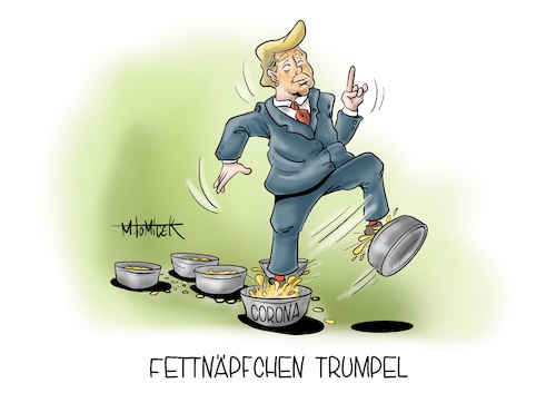 Cartoon: Fettnäpfchen Trumpel (medium) by Mirco Tomicek tagged donald,trump,fettnäpfchen,corona,virus,covid19,amerika,us,präsident,karikatur,donald,trump,fettnäpfchen,corona,virus,covid19,amerika,us,präsident,karikatur