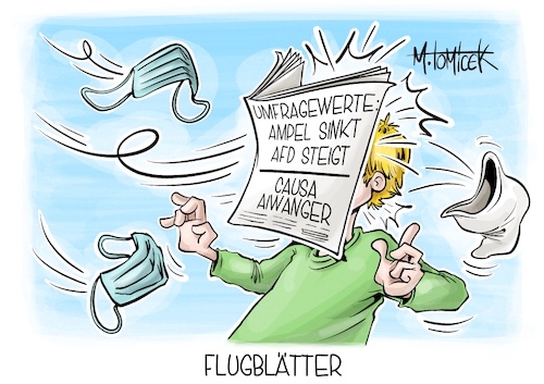 Cartoon: Flugblätter (medium) by Mirco Tomicek tagged ampelkoalition,ampel,koalition,umfrage,umfragewerte,sinkt,deutschlandtrend,ard,deutschland,trend,afd,höhenflug,werte,aiwanger,csu,vize,flugblatt,flugblätter,entschuldigung,grüne,gesundheit,dahmen,schutzmaske,corona,herbst,coronamasken,maskenpflicht,krankenhäuser,karikatur,cartoon,pressekarikatur,mirco,tomicek,ampelkoalition,ampel,koalition,umfrage,umfragewerte,sinkt,deutschlandtrend,ard,deutschland,trend,afd,höhenflug,werte,aiwanger,csu,vize,flugblatt,flugblätter,entschuldigung,grüne,gesundheit,dahmen,schutzmaske,corona,herbst,coronamasken,maskenpflicht,krankenhäuser,karikatur,cartoon,pressekarikatur,mirco,tomicek