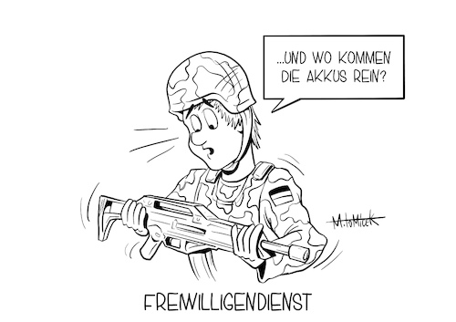 Cartoon: Freiwilligendienst (medium) by Mirco Tomicek tagged bundeswehr,freiwilligendienst,freiwillig,heimat,heimatschutz,dienst,zivil,verteidigungsministerin,kramp,karrenbauer,akk,deutschland,wehr,wehrdienst,soldat,soldaten,verteidigung,cartoon,karikatur,mirco,tomicek,bundeswehr,freiwilligendienst,freiwillig,heimat,heimatschutz,dienst,zivil,verteidigungsministerin,kramp,karrenbauer,akk,deutschland,wehr,wehrdienst,soldat,soldaten,verteidigung,cartoon,karikatur,mirco,tomicek