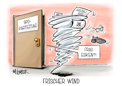 Cartoon: Frischer Wind (medium) by Mirco Tomicek tagged spd,parteitag,neue,spitzendoppel,bärbel,bas,saskia,esken,wahl,debakel,wahlen,gewählt,genossin,parteiführung,wind,sturm,stürmisch,karikatur,pressekarikatur,cartoon,mirco,tomicek,spd,parteitag,neue,spitzendoppel,bärbel,bas,saskia,esken,wahl,debakel,wahlen,gewählt,genossin,parteiführung,wind,sturm,stürmisch,karikatur,pressekarikatur,cartoon,mirco,tomicek