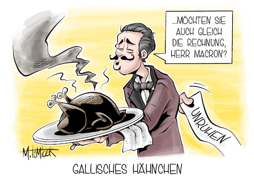 Cartoon: Gallisches Hähnchen (medium) by Mirco Tomicek tagged frankreich,unruhen,demonstrationen,demos,proteste,protest,emmanuel,macron,polizeigewalt,ausschreitungen,cartoon,karikatur,pressekarikatur,mirco,tomicek,frankreich,unruhen,demonstrationen,demos,proteste,protest,emmanuel,macron,polizeigewalt,ausschreitungen,cartoon,karikatur,pressekarikatur,mirco,tomicek