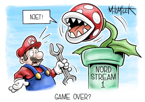 Cartoon: Game Over? (medium) by Mirco Tomicek tagged nord,stream,pipeline,wartung,wartungsarbeit,gas,gasleitung,gasversorgung,gaspipeline,gasenergie,energie,gashahn,heizung,heizen,russland,putin,gasstopp,super,mario,nintendo,cartoon,karikatur,pressekarikatur,mirco,tomicek,nord,stream,pipeline,wartung,wartungsarbeit,gas,gasleitung,gasversorgung,gaspipeline,gasenergie,energie,gashahn,heizung,heizen,russland,putin,gasstopp,super,mario,nintendo,cartoon,karikatur,pressekarikatur,mirco,tomicek