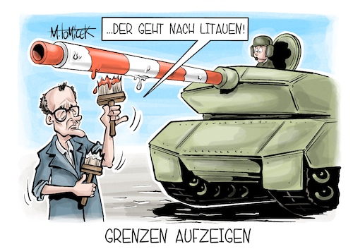 Cartoon: Grenzen aufzeigen (medium) by Mirco Tomicek tagged friedrich,merz,boris,pistorius,kanzler,verteidigungsminister,sicherheit,sicherheitspolitik,litauen,bundeswehr,brigade,panzer,panzerbrigade,bund,soldaten,soldat,militär,russland,grenzen,grenze,karikatur,pressekarikatur,cartoon,mirco,tomicek,friedrich,merz,boris,pistorius,kanzler,verteidigungsminister,sicherheit,sicherheitspolitik,litauen,bundeswehr,brigade,panzer,panzerbrigade,bund,soldaten,soldat,militär,russland,grenzen,grenze,karikatur,pressekarikatur,cartoon,mirco,tomicek