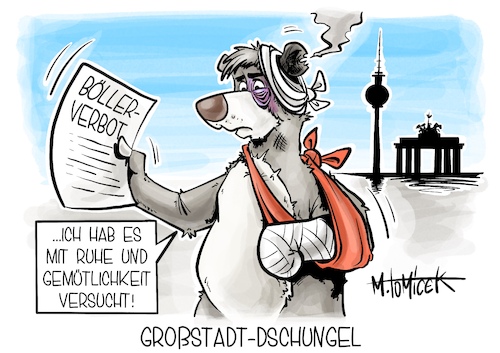 Cartoon: Großstadt-Dschungel (medium) by Mirco Tomicek tagged berlin,silvester,böller,raketen,verbot,böllerverbot,raketenverbot,knaller,silvesterraketen,debatte,debattiert,ausschreitungen,helfer,polizei,feuerwehr,gewalt,stress,randale,randalen,hauptstadt,neujahr,dschungelbuch,balu,disney,karikatur,cartoon,pressekarikatur,mirco,tomicek,berlin,silvester,böller,raketen,verbot,böllerverbot,raketenverbot,knaller,silvesterraketen,debatte,debattiert,ausschreitungen,helfer,polizei,feuerwehr,gewalt,stress,randale,randalen,hauptstadt,neujahr,dschungelbuch,balu,disney,karikatur,cartoon,pressekarikatur,mirco,tomicek