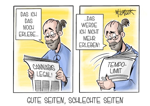 Cartoon: Gute Seiten schlechte Seiten (medium) by Mirco Tomicek tagged cannabis,legalisierung,legal,cannabislegalisierung,marihuana,kiffen,deutschland,gesetz,gesetze,tempolimit,autobahn,tempo,limit,wissing,cartoon,karikatur,pressekarikatur,mirco,tomicek,seiten,cannabis,legalisierung,legal,cannabislegalisierung,marihuana,kiffen,deutschland,gesetz,gesetze,tempolimit,autobahn,tempo,limit,wissing,cartoon,karikatur,pressekarikatur,mirco,tomicek