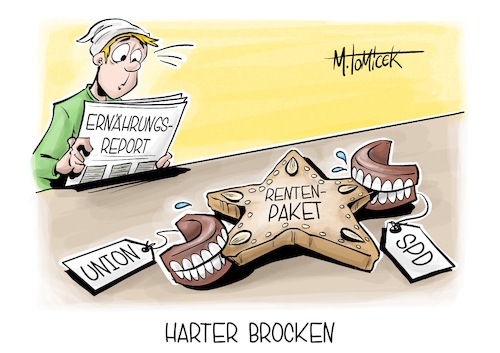 Cartoon: Harter Brocken (medium) by Mirco Tomicek tagged ernährungsreport,ernährung,ernährungsminister,essen,konsum,konsumieren,report,rente,rentenpaket,rentenstreit,koalition,schwarz,rot,union,spd,merz,renten,karikatur,pressekarikatur,cartoon,mirco,tomicek,ernährungsreport,ernährung,ernährungsminister,essen,konsum,konsumieren,report,rente,rentenpaket,rentenstreit,koalition,schwarz,rot,union,spd,merz,renten,karikatur,pressekarikatur,cartoon,mirco,tomicek