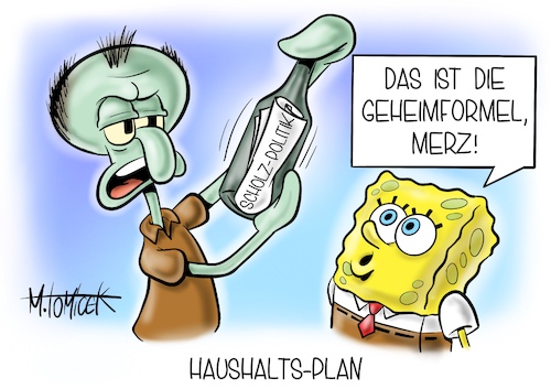 Cartoon: Haushalts-Plan (medium) by Mirco Tomicek tagged generaldebatte,debatte,bundestag,olaf,scholz,friedrich,merz,haushalt,haushaltsplan,neuverschuldung,bundeswehr,milliarden,euro,ukraine,flüchtlinge,kriegsflüchtlinge,unterkünfte,russland,krieg,krise,öl,gas,gaslieferung,öllieferung,lieferung,pipeline,rohstoffe,spongebob,schwammkopf,cartoon,karikatur,pressekarikatur,mirco,tomicek,generaldebatte,debatte,bundestag,olaf,scholz,friedrich,merz,haushalt,haushaltsplan,neuverschuldung,bundeswehr,milliarden,euro,ukraine,flüchtlinge,kriegsflüchtlinge,unterkünfte,russland,krieg,krise,öl,gas,gaslieferung,öllieferung,lieferung,pipeline,rohstoffe,spongebob,schwammkopf,cartoon,karikatur,pressekarikatur,mirco,tomicek