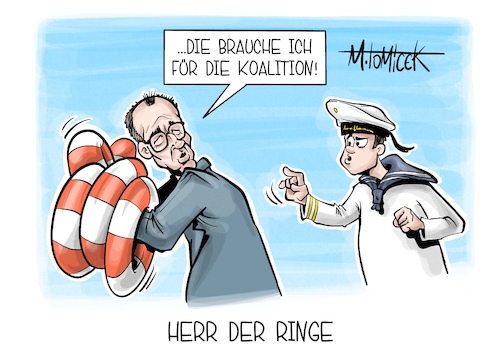 Cartoon: Herr der Ringe (medium) by Mirco Tomicek tagged friedrich,merz,antrittsbesuch,marine,ostsee,bundeswehr,kriegsschiffe,fregatte,flotte,emmanuel,macron,frankreich,essen,abendessen,koalition,rettungsringe,karikatur,pressekarikatur,cartoon,mirco,tomicek,friedrich,merz,antrittsbesuch,marine,ostsee,bundeswehr,kriegsschiffe,fregatte,flotte,emmanuel,macron,frankreich,essen,abendessen,koalition,rettungsringe,karikatur,pressekarikatur,cartoon,mirco,tomicek