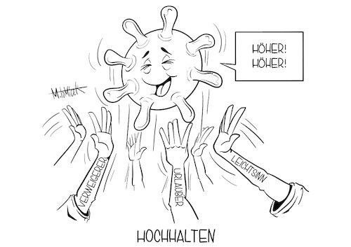 Cartoon: Hochhalten (medium) by Mirco Tomicek tagged corona,covid19,fallzahlen,zahlen,infektionen,neuinfektionen,höchster,stand,reiserückkehrer,reise,reisende,urlauber,urlaub,leichtsinn,verweigerer,partys,coronapartys,feiern,jens,spahn,alarm,alarmzeichen,virus,coronavirus,robert,koch,institut,risikogebiet,risiko,gebiet,sommer,sonne,karikatur,cartoon,mirco,tomicek,corona,covid19,fallzahlen,zahlen,infektionen,neuinfektionen,höchster,stand,reiserückkehrer,reise,reisende,urlauber,urlaub,leichtsinn,verweigerer,partys,coronapartys,feiern,jens,spahn,alarm,alarmzeichen,virus,coronavirus,robert,koch,institut,risikogebiet,risiko,gebiet,sommer,sonne,karikatur,cartoon,mirco,tomicek