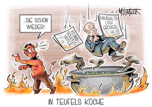 Cartoon: In Teufels Küche (medium) by Mirco Tomicek tagged umweltverbände,klagen,urteil,regierung,bundesregierung,ampel,ampelkoalition,klimaschutz,klima,sofortprogramm,bundesverfassungsgericht,klimapolitik,klimaziele,verkehr,gebäude,teufel,karikatur,cartoon,pressekarikatur,mirco,tomicek,umweltverbände,klagen,urteil,regierung,bundesregierung,ampel,ampelkoalition,klimaschutz,klima,sofortprogramm,bundesverfassungsgericht,klimapolitik,klimaziele,verkehr,gebäude,teufel,karikatur,cartoon,pressekarikatur,mirco,tomicek