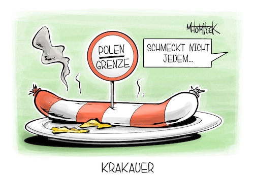 Cartoon: Krakauer (medium) by Mirco Tomicek tagged polen,deutschland,grenze,grenzen,grenzkontrollen,kontrolle,grenzkontrolle,kontrollen,eu,europa,polengrenze,gegenreaktion,migration,krakauer,krakau,karikatur,pressekarikatur,cartoon,mirco,tomicek,polen,deutschland,grenze,grenzen,grenzkontrollen,kontrolle,grenzkontrolle,kontrollen,eu,europa,polengrenze,gegenreaktion,migration,krakauer,krakau,karikatur,pressekarikatur,cartoon,mirco,tomicek