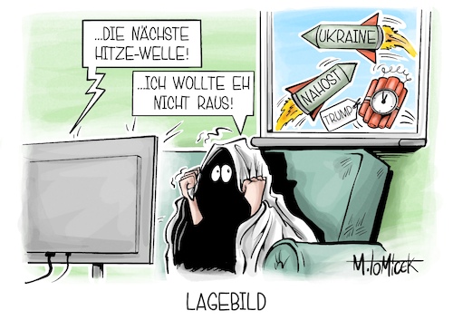 Cartoon: Lagebild (medium) by Mirco Tomicek tagged nahost,israel,iran,krieg,raketen,usa,us,kriegseintritt,amerika,donald,trump,zwei,wochen,entscheidung,hitzewelle,hitze,welle,sahara,sommer,sonne,wetter,warm,heiß,karikatur,cartoon,pressekarikatur,mirco,tomicek,nahost,israel,iran,krieg,raketen,usa,us,kriegseintritt,amerika,donald,trump,zwei,wochen,entscheidung,hitzewelle,hitze,welle,sahara,sommer,sonne,wetter,warm,heiß,karikatur,cartoon,pressekarikatur,mirco,tomicek