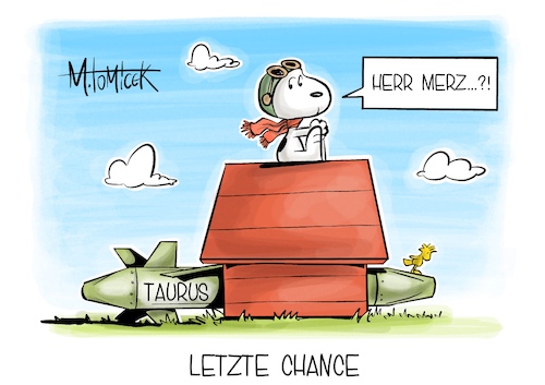 Cartoon: Letzte Chance (medium) by Mirco Tomicek tagged union,cdu,csu,merz,scholz,taurus,marschflugkörper,ukraine,krieg,hilfe,bundestag,abstimmung,gescheitert,antrag,lieferung,waffenlieferung,waffen,raketen,rakete,snoopy,red,baron,peanuts,karikatur,pressekarikatur,cartoon,mirco,tomicek,union,cdu,csu,merz,scholz,taurus,marschflugkörper,ukraine,krieg,hilfe,bundestag,abstimmung,gescheitert,antrag,lieferung,waffenlieferung,waffen,raketen,rakete,snoopy,red,baron,peanuts,karikatur,pressekarikatur,cartoon,mirco,tomicek