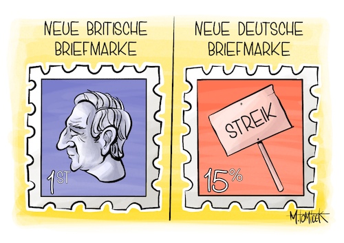 Cartoon: Neue Briefmarken (medium) by Mirco Tomicek tagged britische,briefmarke,könig,charles,iii,marke,uk,groß,britannien,deutsche,post,postbote,tarifverhandlungen,verdi,tarife,warnstreiks,streik,streiks,gehalt,tarif,verhandlung,gehälter,cartoon,karikatur,pressekarikatur,mirco,tomicek,britische,briefmarke,könig,charles,iii,marke,uk,groß,britannien,deutsche,post,postbote,tarifverhandlungen,verdi,tarife,warnstreiks,streik,streiks,gehalt,tarif,verhandlung,gehälter,cartoon,karikatur,pressekarikatur,mirco,tomicek