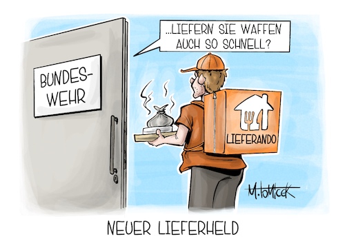 Cartoon: Neuer Lieferheld (medium) by Mirco Tomicek tagged bundeswehr,beschaffung,waffen,waffenkauf,kaufen,lieferung,waffenlieferung,waffenlieferungen,panzer,kampfjets,munition,regierung,soldaten,lieferando,karikatur,cartoon,pressekarikatur,mirco,tomicek,bundeswehr,beschaffung,waffen,waffenkauf,kaufen,lieferung,waffenlieferung,waffenlieferungen,panzer,kampfjets,munition,regierung,soldaten,lieferando,karikatur,cartoon,pressekarikatur,mirco,tomicek