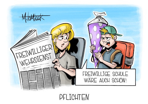 Cartoon: Pflichten (medium) by Mirco Tomicek tagged schule,schulstart,schuljahr,sommerferien,einschulung,grundschule,grundschüler,schüler,freiwilliger,wehrdienst,bundeswehr,soldaten,militär,dienst,verteidigung,freiwillige,musterung,cartoon,karikatur,pressekarikatur,mirco,tomicek,schule,schulstart,schuljahr,sommerferien,einschulung,grundschule,grundschüler,schüler,freiwilliger,wehrdienst,bundeswehr,soldaten,militär,dienst,verteidigung,freiwillige,musterung,cartoon,karikatur,pressekarikatur,mirco,tomicek