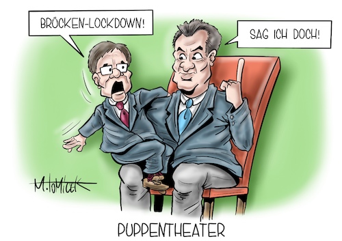 Cartoon: Puppentheater (medium) by Mirco Tomicek tagged markus,söder,armin,laschet,brücken,lockdown,brückenlockdown,brücke,shutdown,endlosschleife,raus,maßnahmen,verschärfungen,cdu,csu,union,frage,kanzlerfrage,kanzlerkandidatur,kanzleramt,kanzler,kanzlerkandidat,puppen,corona,covid19,pandemie,herunterfahren,cartoon,karikatur,pressekarikatur,mirco,tomicek,markus,söder,armin,laschet,brücken,lockdown,brückenlockdown,brücke,shutdown,endlosschleife,raus,maßnahmen,verschärfungen,cdu,csu,union,frage,kanzlerfrage,kanzlerkandidatur,kanzleramt,kanzler,kanzlerkandidat,puppen,corona,covid19,pandemie,herunterfahren,cartoon,karikatur,pressekarikatur,mirco,tomicek