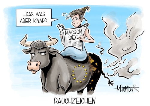 Cartoon: Rauchzeichen (medium) by Mirco Tomicek tagged frankreich,wahl,präsidentschaftswahl,präsident,franzosen,stichwahl,wahlen,gewählt,emmanuel,macron,marine,le,pen,europa,eu,stier,cartoon,karikatur,pressekarikatur,mirco,tomicek,frankreich,wahl,präsidentschaftswahl,präsident,franzosen,stichwahl,wahlen,gewählt,emmanuel,macron,marine,le,pen,europa,eu,stier,cartoon,karikatur,pressekarikatur,mirco,tomicek