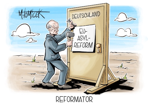 Cartoon: Reformator (medium) by Mirco Tomicek tagged reform,eu,asylreform,asyl,nancy,faeser,olaf,scholz,grenzen,grenze,asylpolitik,aufnahme,verteilung,flüchtlinge,migration,flucht,europa,cartoon,karikatur,pressekarikatur,mirco,tomicek,reform,eu,asylreform,asyl,nancy,faeser,olaf,scholz,grenzen,grenze,asylpolitik,aufnahme,verteilung,flüchtlinge,migration,flucht,europa,cartoon,karikatur,pressekarikatur,mirco,tomicek