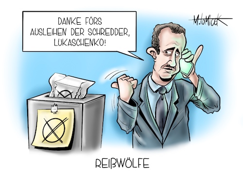 Cartoon: Reißwölfe (medium) by Mirco Tomicek tagged baschar,al,assad,wahl,wahlergebnis,ergebnisse,wahlsieg,wahlsieger,wiederwahl,wählen,syrien,kandidat,machthaber,amtsinhaber,wiedergewählt,wahllokal,lokale,lukaschenko,cartoon,karikatur,pressekarikatur,mirco,tomicek,baschar,al,assad,wahl,wahlergebnis,ergebnisse,wahlsieg,wahlsieger,wiederwahl,wählen,syrien,kandidat,machthaber,amtsinhaber,wiedergewählt,wahllokal,lokale,lukaschenko,cartoon,karikatur,pressekarikatur,mirco,tomicek