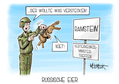 Cartoon: Russische Eier (medium) by Mirco Tomicek tagged ramstein,verteidigungsminister,treffen,ukraine,luftwaffenstützpunkt,verteidigung,minister,hilfe,waffen,waffenlieferung,lieferung,taurus,bundeswehr,abhörskandal,ostern,karikatur,pressekarikatur,cartoon,mirco,tomicek,ramstein,verteidigungsminister,treffen,ukraine,luftwaffenstützpunkt,verteidigung,minister,hilfe,waffen,waffenlieferung,lieferung,taurus,bundeswehr,abhörskandal,ostern,karikatur,pressekarikatur,cartoon,mirco,tomicek