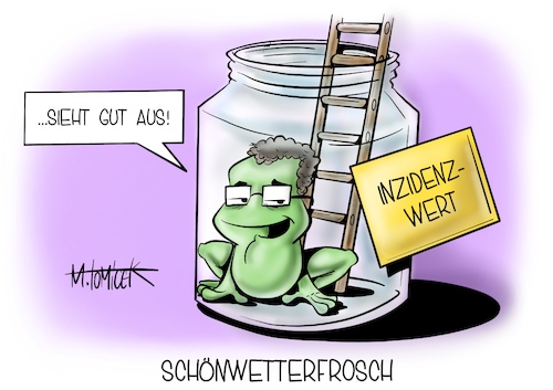 Cartoon: Schönwetterfrosch (medium) by Mirco Tomicek tagged inzidenz,inzidenzwert,inzidenzwerte,jens,spahn,deutschlandweit,deutschland,bundesgesundheitsminister,kinder,jugendliche,coronavirus,corona,impfung,geimpft,geimpfte,impfungen,impfempfehlung,empfehlung,ständige,impfkommission,wetter,wetterfrosch,cartoon,karikatur,pressekarikatur,mirco,tomicek,inzidenz,inzidenzwert,inzidenzwerte,jens,spahn,deutschlandweit,deutschland,bundesgesundheitsminister,kinder,jugendliche,coronavirus,corona,impfung,geimpft,geimpfte,impfungen,impfempfehlung,empfehlung,ständige,impfkommission,wetter,wetterfrosch,cartoon,karikatur,pressekarikatur,mirco,tomicek