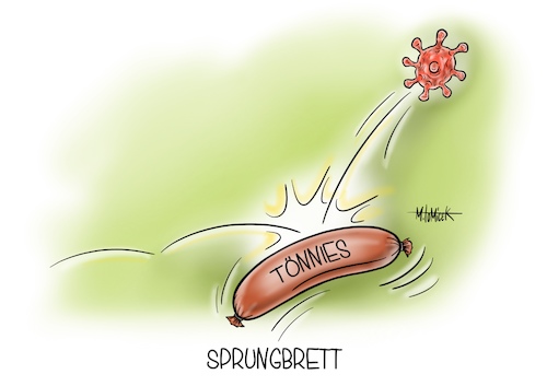 Cartoon: Sprungbrett (medium) by Mirco Tomicek tagged tönnies,corona,testes,covid19,gütersloh,virus,wurst,fleischindustrie,fleisch,sicherheit,toennies,karikatur,mirco,tomicek,cartoon,tönnies,corona,testes,covid19,gütersloh,virus,wurst,fleischindustrie,fleisch,sicherheit,toennies,karikatur,mirco,tomicek,cartoon