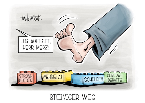 Cartoon: Steiniger Weg (medium) by Mirco Tomicek tagged friedrich,merz,bundestag,generaldebatte,haushalt,schulden,haushaltspläne,finanzen,wirtschaft,bundeswehr,verteidigung,wehretat,stromsteuer,steuern,strom,bundesregierung,regierung,lego,steine,karikatur,cartoon,pressekarikatur,mirco,tomicek,friedrich,merz,bundestag,generaldebatte,haushalt,schulden,haushaltspläne,finanzen,wirtschaft,bundeswehr,verteidigung,wehretat,stromsteuer,steuern,strom,bundesregierung,regierung,lego,steine,karikatur,cartoon,pressekarikatur,mirco,tomicek
