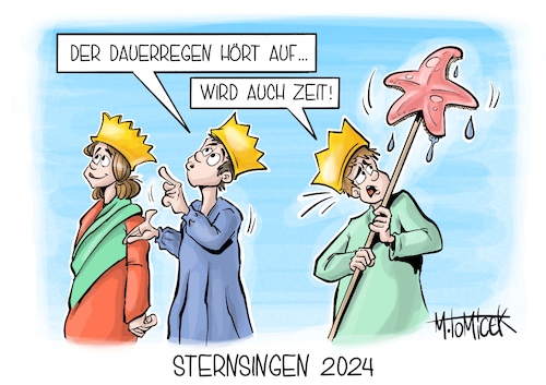 Cartoon: Sternsingen 2024 (medium) by Mirco Tomicek tagged dauerregen,regen,hochwasser,wasser,flut,deiche,deutschland,niederschlag,unwetter,wetter,sternsingen,heilige,drei,könige,karikatur,cartoon,pressekarikatur,mirco,tomicek,dauerregen,regen,hochwasser,wasser,flut,deiche,deutschland,niederschlag,unwetter,wetter,sternsingen,heilige,drei,könige,karikatur,cartoon,pressekarikatur,mirco,tomicek