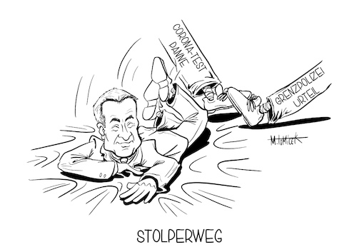 Cartoon: Stolperweg (medium) by Mirco Tomicek tagged markus,söder,bayern,grenzpolizei,polizei,grenze,verfassung,verfassungsgericht,verfassungsgerichtshof,verfassungswidrig,verbot,polizist,csu,corona,test,panne,urteil,cartoon,karikatur,mirco,tomicek,markus,söder,bayern,grenzpolizei,polizei,grenze,verfassung,verfassungsgericht,verfassungsgerichtshof,verfassungswidrig,verbot,polizist,csu,corona,test,panne,urteil,cartoon,karikatur,mirco,tomicek