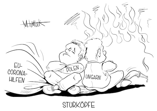 Cartoon: Sturköpfe (medium) by Mirco Tomicek tagged eu,europa,gipfel,corona,hilfe,hilfen,coronahilfen,polen,ungarn,blockade,showdown,angela,merkel,blockieren,deutschland,hilfspaket,paket,spritze,videogipfel,finanzpaket,finanzen,geld,virus,viren,pandemie,lockdown,cartoon,karikatur,pressekarikatur,mirco,tomicek,eu,europa,gipfel,corona,hilfe,hilfen,coronahilfen,polen,ungarn,blockade,showdown,angela,merkel,blockieren,deutschland,hilfspaket,paket,spritze,videogipfel,finanzpaket,finanzen,geld,virus,viren,pandemie,lockdown,cartoon,karikatur,pressekarikatur,mirco,tomicek