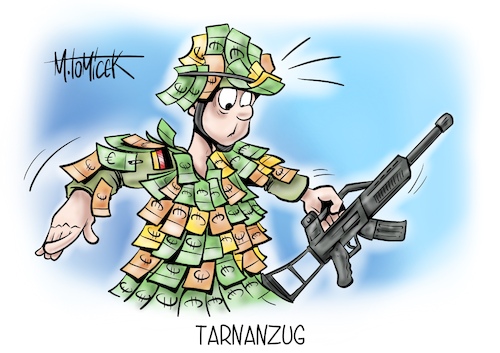 Cartoon: Tarnanzug (medium) by Mirco Tomicek tagged olaf,scholz,russland,ukraine,krieg,sondervermögen,100,milliarden,euro,bundeswehr,militär,finanzen,finanzierung,geld,paket,bundeswehrsoldaten,soldaten,deutschland,cartoon,karikatur,pressekarikatur,mirco,tomicek,olaf,scholz,russland,ukraine,krieg,sondervermögen,100,milliarden,euro,bundeswehr,militär,finanzen,finanzierung,geld,paket,bundeswehrsoldaten,soldaten,deutschland,cartoon,karikatur,pressekarikatur,mirco,tomicek