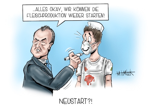 Cartoon: Tönnies Neustart (medium) by Mirco Tomicek tagged tönnies,neustart,corona,ausbruch,fleischindustrie,fleisch,fleischproduktion,wurst,tierwohl,menschenrecht,arbeitsrecht,arbeiter,fleischer,fleischerei,ausbeutung,greenpeace,protest,virus,gesundheit,covid19,karikatur,cartoon,mirco,tomicek,tönnies,neustart,corona,ausbruch,fleischindustrie,fleisch,fleischproduktion,wurst,tierwohl,menschenrecht,arbeitsrecht,arbeiter,fleischer,fleischerei,ausbeutung,greenpeace,protest,virus,gesundheit,covid19,karikatur,cartoon,mirco,tomicek