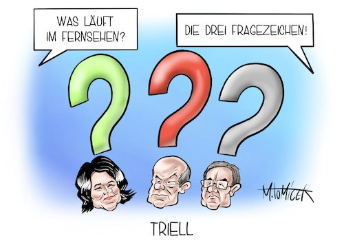 Cartoon: Triell (medium) by Mirco Tomicek tagged sonntag,tv,triell,fernseh,fernsehen,sendung,interview,treffen,aufeinander,annalena,baerbock,grüne,armin,laschet,cdu,olaf,scholz,kanzlerkandidat,kanzlerkandidatur,kanzlerfrage,frage,kanzlerin,kanzleramt,wahl,bundestagswahl,wahlkampf,bundestagswahlkampf,wähler,wahlen,cartoon,karikatur,pressekarikatur,mirco,tomicek,sonntag,tv,triell,fernseh,fernsehen,sendung,interview,treffen,aufeinander,annalena,baerbock,grüne,armin,laschet,cdu,olaf,scholz,kanzlerkandidat,kanzlerkandidatur,kanzlerfrage,frage,kanzlerin,kanzleramt,wahl,bundestagswahl,wahlkampf,bundestagswahlkampf,wähler,wahlen,cartoon,karikatur,pressekarikatur,mirco,tomicek