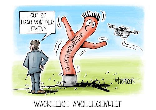 Cartoon: Wackelige Angelegenheit (medium) by Mirco Tomicek tagged eu,europa,kommission,ursula,von,der,leyen,drohnen,drohnenangriffe,drohnenabwehr,abwehr,drohnenwall,karikatur,cartoon,pressekarikatur,mirco,tomicek,eu,europa,kommission,ursula,von,der,leyen,drohnen,drohnenangriffe,drohnenabwehr,abwehr,drohnenwall,karikatur,cartoon,pressekarikatur,mirco,tomicek