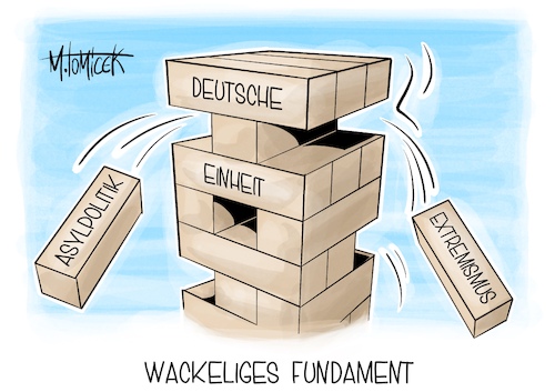 Cartoon: Wackeliges Fundament (medium) by Mirco Tomicek tagged tag,der,deutschen,einheit,asylpolitik,asyl,politik,extremismus,migration,feiertag,brückentag,karikatur,pressekarikatur,cartoon,mirco,tomicek,tag,der,deutschen,einheit,asylpolitik,asyl,politik,extremismus,migration,feiertag,brückentag,karikatur,pressekarikatur,cartoon,mirco,tomicek