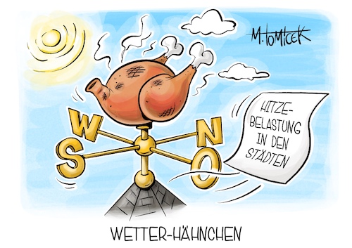 Cartoon: Wetter-Hähnchen (medium) by Mirco Tomicek tagged hitze,check,deutsche,umwelthilfe,hitzebelastung,belastungen,städte,stadt,wärme,hitzewelle,hitzewellen,sommer,sonne,umwelt,hilfe,brathähnchen,wetterhahn,sommerwetter,karikatur,pressekarikatur,cartoon,mirco,tomicek,hitze,check,deutsche,umwelthilfe,städte,stadt,wärme,hitzewelle,hitzewellen,sommer,sonne,umwelt,hilfe,brathähnchen,wetterhahn,sommerwetter,karikatur,pressekarikatur,cartoon,mirco,tomicek