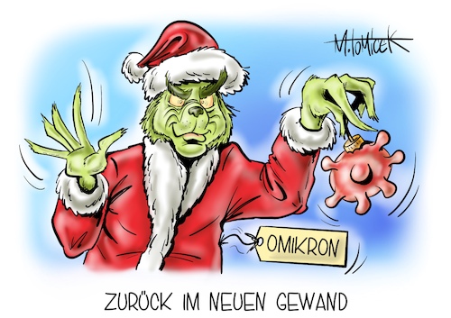 Cartoon: Zurück im neuen Gewand (medium) by Mirco Tomicek tagged 3g,2g,plus,lockdown,debatte,omikron,corona,coronavirus,virus,variante,mutation,mutiert,mutationen,pandemie,kontaktbeschränkungen,ausgangssperren,kontakte,winter,weihnachten,weihnachtsfest,weihnachtszeit,weihnachtsmarkt,grinch,cartoon,karikatur,pressekarikatur,mirco,tomicek,3g,2g,plus,lockdown,debatte,omikron,corona,coronavirus,virus,variante,mutation,mutiert,mutationen,pandemie,kontaktbeschränkungen,ausgangssperren,kontakte,winter,weihnachten,weihnachtsfest,weihnachtszeit,weihnachtsmarkt,grinch,cartoon,karikatur,pressekarikatur,mirco,tomicek