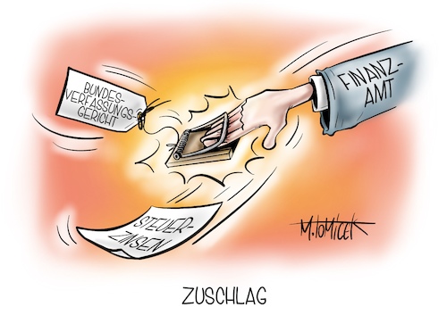 Cartoon: Zuschlag (medium) by Mirco Tomicek tagged bundesverfassungsgericht,urteil,hohe,steuerzinsen,verfassungswidrig,zinsen,finanzamt,finanzen,steuerrückzahlung,steuerzahlung,steuern,nachzahlung,steuernachzahlung,steuer,zinssatz,cartoon,karikatur,pressekarikatur,mirco,tomicek,bundesverfassungsgericht,urteil,hohe,steuerzinsen,verfassungswidrig,zinsen,finanzamt,finanzen,steuerrückzahlung,steuerzahlung,steuern,nachzahlung,steuernachzahlung,steuer,zinssatz,cartoon,karikatur,pressekarikatur,mirco,tomicek