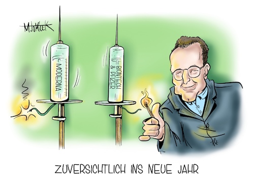 Cartoon: Zuversichtlich ins neue Jahr (medium) by Mirco Tomicek tagged jens,spahn,impfung,impfen,impfe,coronaimpfung,corona,covid19,moderna,biontech,pfizer,gesundheitsminister,pandemie,lockdown,shutdown,weihnachten,weihnachtsfest,silvester,neu,jahr,neues,januar,gruppen,risikogruppen,kontaktbeschränkungen,kontakt,impfungen,impfstoffe,spritze,spritzen,arzt,ärzte,medizin,verabreichung,wissenschaft,antrag,anträge,zulassung,eu,europa,cartoon,karikatur,pressekarikatur,mirco,tomicek,jens,spahn,impfung,impfen,impfe,coronaimpfung,corona,covid19,moderna,biontech,pfizer,gesundheitsminister,pandemie,lockdown,shutdown,weihnachten,weihnachtsfest,silvester,neu,jahr,neues,januar,gruppen,risikogruppen,kontaktbeschränkungen,kontakt,impfungen,impfstoffe,spritze,spritzen,arzt,ärzte,medizin,verabreichung,wissenschaft,antrag,anträge,zulassung,eu,europa,cartoon,karikatur,pressekarikatur,mirco,tomicek