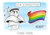 Cartoon: Flagge zeigen (small) by Mirco Tomicek tagged wm,quatar,katar,regenbogenflagge,regenbogen,flagge,fahne,one,love,weltmeisterschaft,fußball,stadion,stadien,maskottchen,flaggen,binde,cartoon,karikatur,pressekarikatur,mirco,tomicek