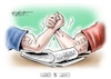 Cartoon: Hand in Hand (small) by Mirco Tomicek tagged eu,kommission,ursula,von,der,leyen,europa,polen,sanktionen,sanktion,recht,infragestellen,vorwürfe,mateusz,morawiecki,vertragsverletzungsverfahren,drohungen,drohung,cartoon,karikatur,pressekarikatur,mirco,tomicek