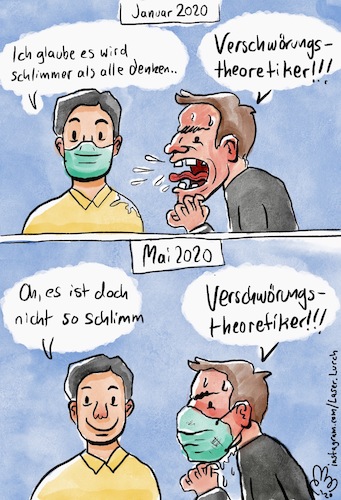 Cartoon: Verschwörungstheoretiker (medium) by LaserLurch tagged corona,covid,virus,verschwörungstheorie,verschwörungstheoretiker,mundschutz,pandemie