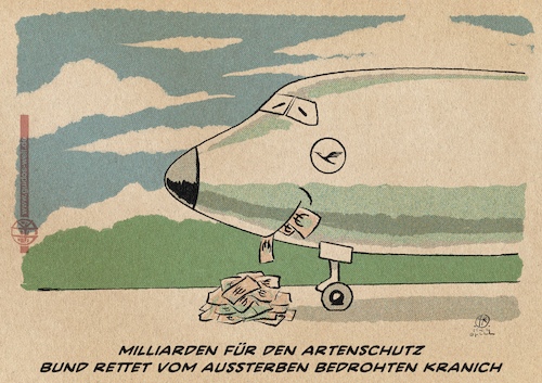 Cartoon: Artenschutz (medium) by Guido Kuehn tagged lufthansa,bundesregierung,deutschland,kranich,artenschutz,milliarden,aktionäre,lufthansa,bundesregierung,deutschland,kranich,artenschutz,milliarden,aktionäre