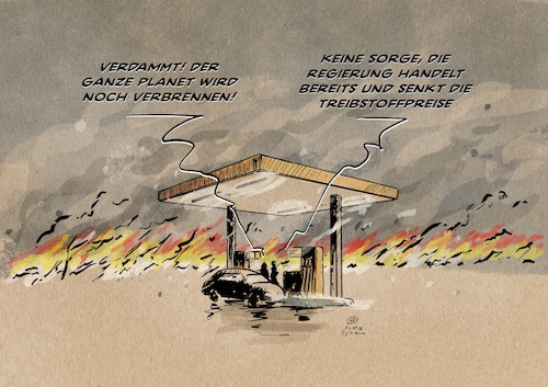 Cartoon: Burn Planet Burn (medium) by Guido Kuehn tagged klima,fdp,tankrabatt,mobilität,burn,klima,fdp,tankrabatt,mobilität